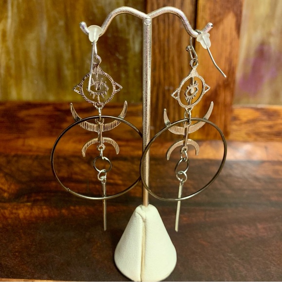 Celestial Geometric Evil Eye Mixed Metal Dangle Earrings - Picture 6 of 6